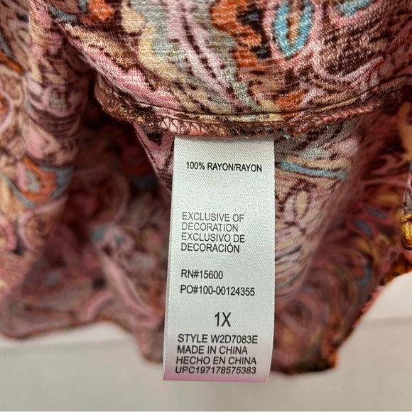 Democracy Paisley Print Split Ruffle V-Neck 3/4 Ruched Sleeve Woven Top NWT 1X - Picture 6 of 8